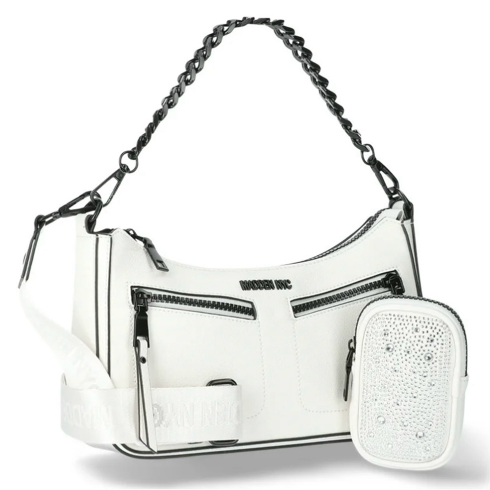 Madden NYC...White & Black. Double Front Crossbody...Strap & Chain Strap.
